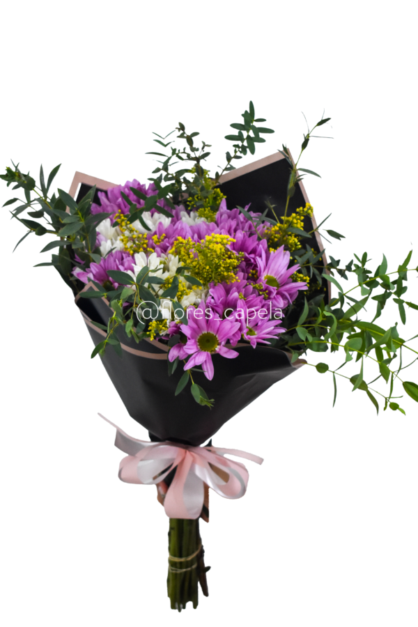 Bouquet con margaritas moradas y blancas